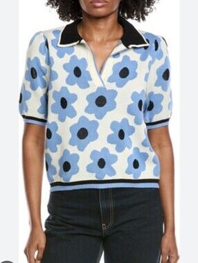 Nanette Lepore Cream and Blue Floral Knit Polo Sweater